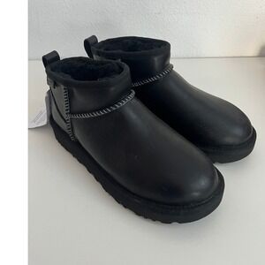 UGG Classic Ultra Mini Regenerate Black Leather Boots 1144054 Womens 6